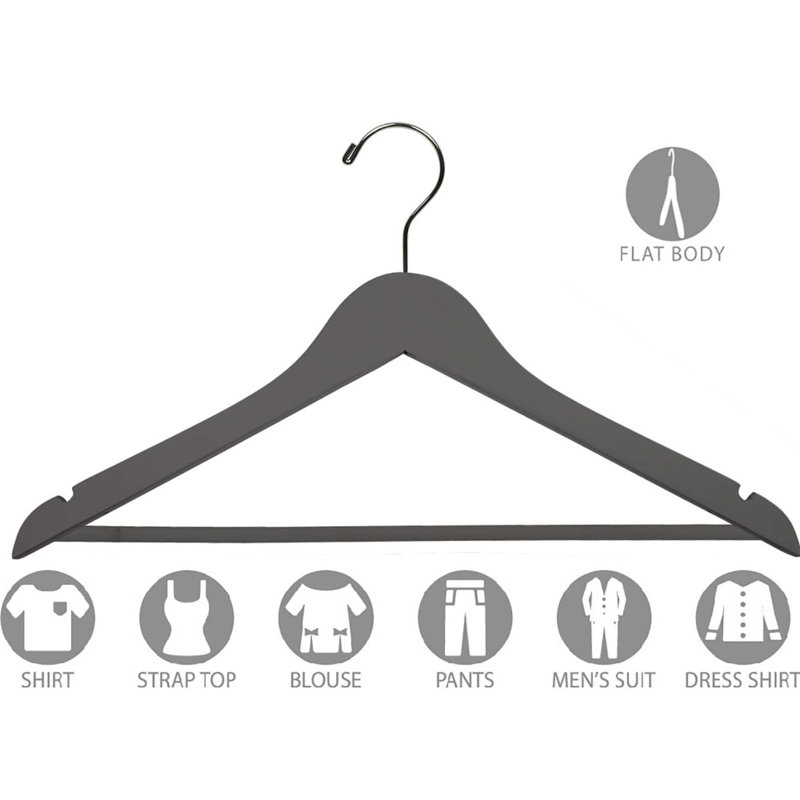 Cintre antidérapant en bois pour robe / chemise / chandail, Gris