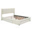 Lit plateforme tapissier double avec un grand tiroir dans le pied de lit et un tiroir de chaque côté, beige
