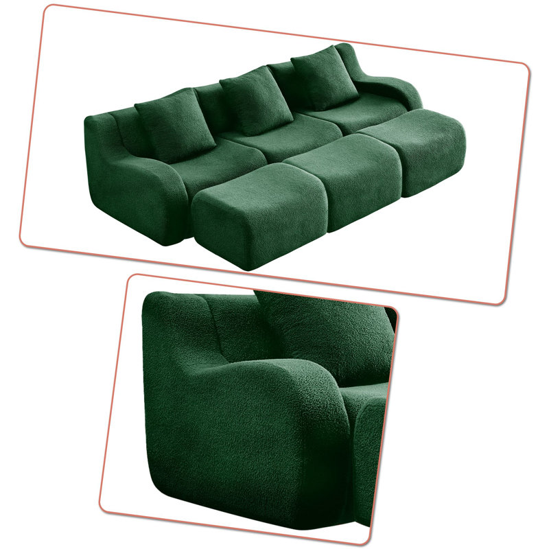 Canapé modulaire rembourré 3 places avec 3 repose-pieds Modern, H 35,43 po x l 115,33 po x P 65,73 po, Ours en peluche vert