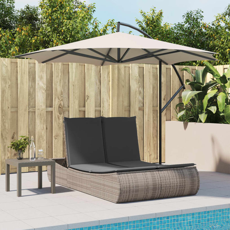 Chaise longue double avec coussins en rotin de polyester, Gris, Gris
