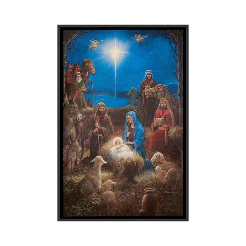 La Nativité par Ruane Manning - reproduction d'art, H 26 po x l 18 po x 1,5 po, Toile avec cadre noir, Aucun mat
