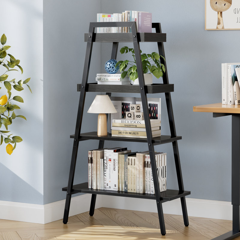 Étagère échelle à 4 niveaux Liscomb, support à fleurs pour plantes en bois, support d'angle autoportant noir, étagère de rangement moderne avec dispositif anti-basculement pour le salon, le bureau personnel, le balcon