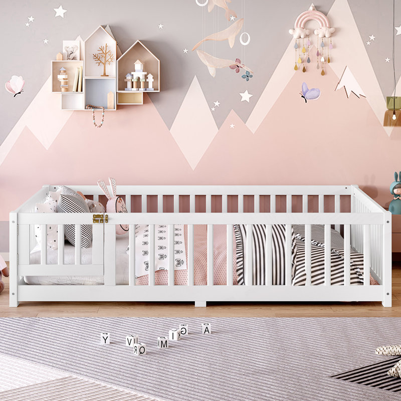 Lit double avec barrière de sécurité et porte pour enfants, Lit double, Blanc