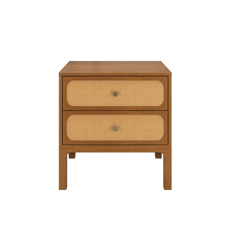 Table de chevet Elio en rotin à 2 tiroirs avec bouton en laiton, couleur noyer