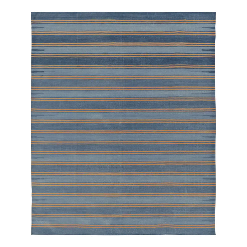 Rug & Kilim’S Indian Dhurrie Rug In Slate Blue And Ochre Stripes