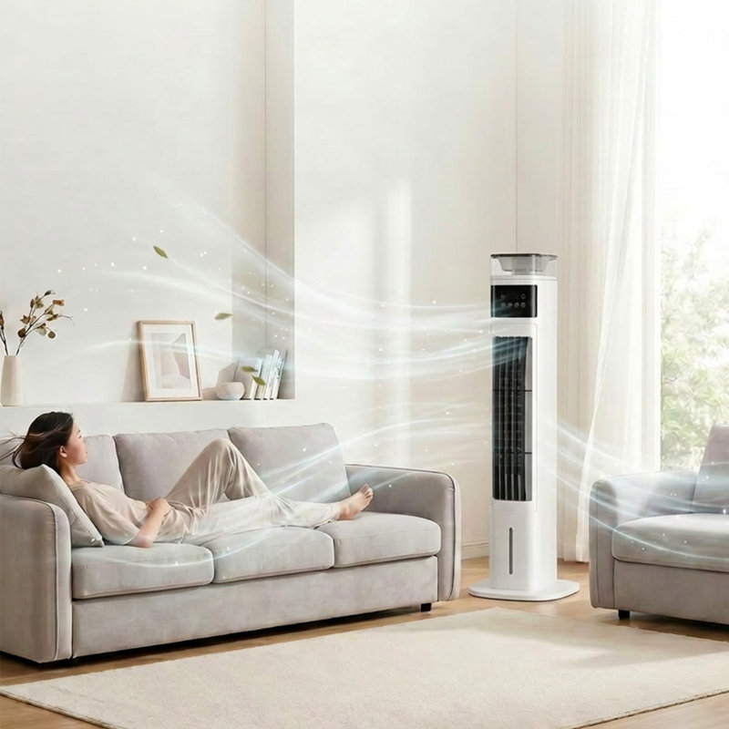 Refroidisseur d'air par évaporation tour, ventilateur de tour avec débit d'air grand angle de 70 °, refroidissement rapide, faible bruit, télécommande et 4 blocs de glace