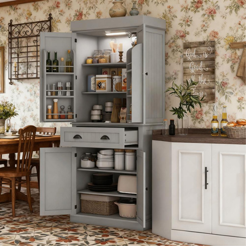 Armoire de cuisine de style moderne avec lumières DEL, tablettes de porte, tiroir et tablettes réglables