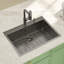 Évier de cuisine encastré noir 30 po x l 22 po en acier inoxydable, lavabo à cuve simple en acier inoxydable avec robinet escamotable, laveuse de tasses, grille inférieure, support à roulettes, crépine et accessoires