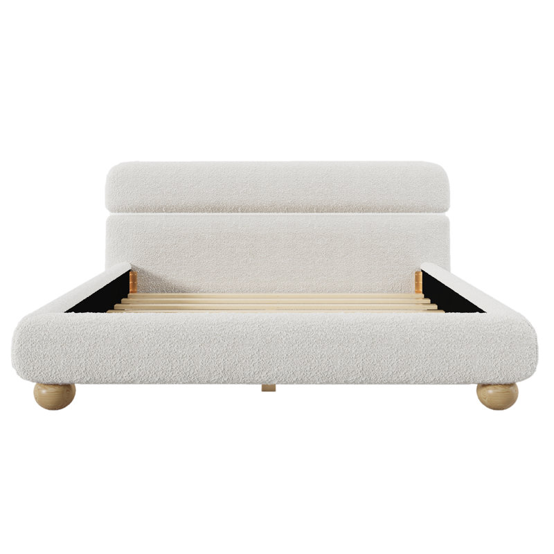 Lit contemporain tapissier à profil bas avec tissu en molleton Teddy et pieds ronds massifs Conception élégante en forme de courbe pour la chambre à coucher, grand lit