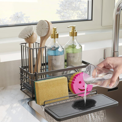 Porte-éponge de cuisine avec tapis de séchage et crochet, support d'évier en acier inoxydable antirouille, organisateur de rangement compact pour distributeur de savon pour brosses et accessoires d'évier