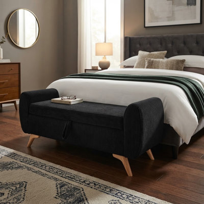 57" Modern Corduroy Upholstered Storage Bench with Wood Legs, Bedroom Bed-End Bench