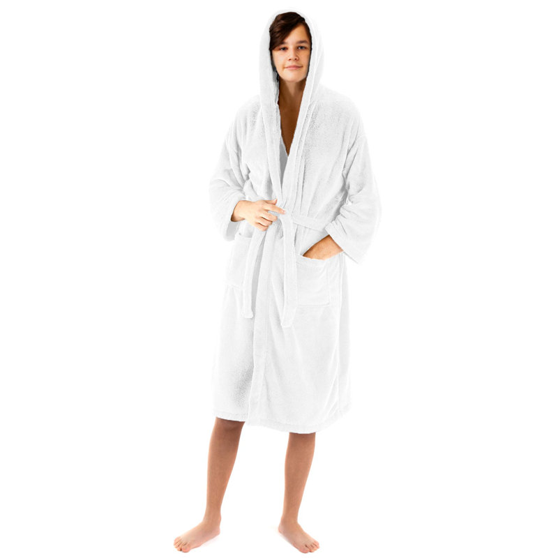 Peignoir 100% microfibre en molleton avec poches et capuche pour les enfants, Blanc, S