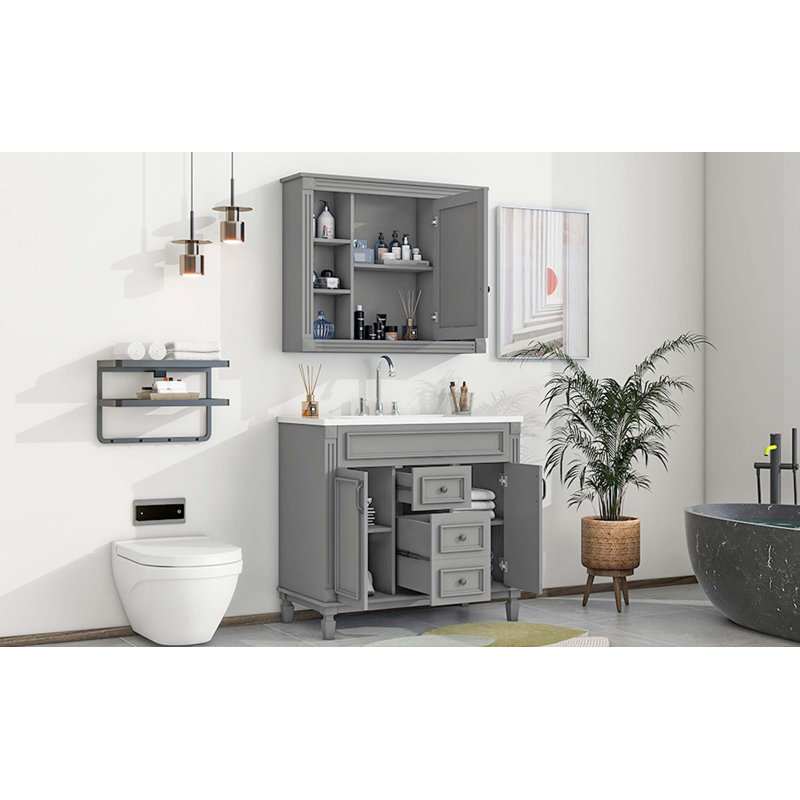 Meuble-lavabo moderne avec lavabo simple avec 2 portes, 2 tiroirs et armoire à miroir, Gris