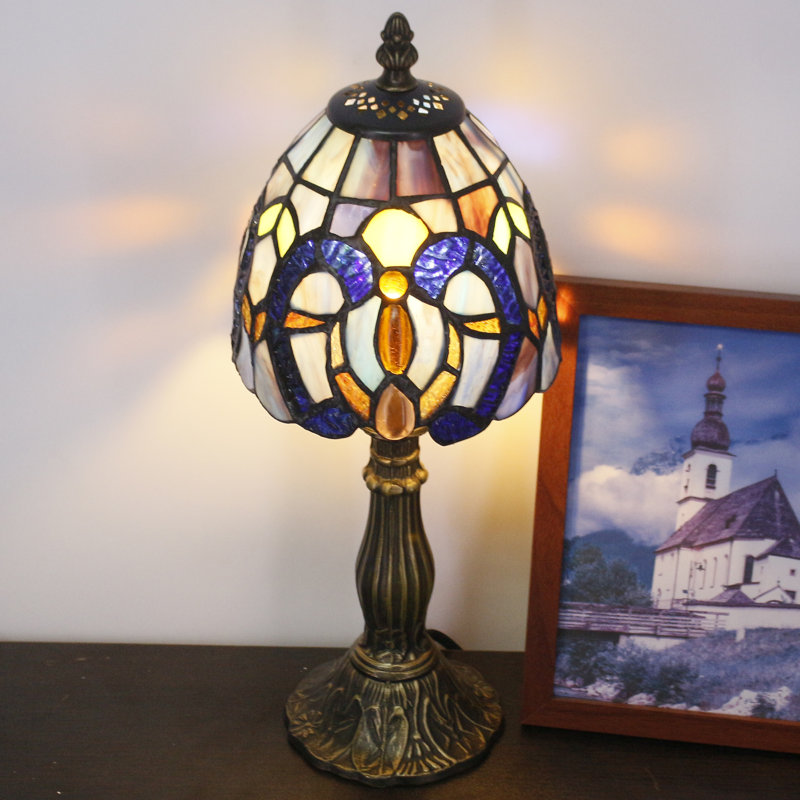 Small Tiffany Lamp Mini Stained Glass Accent Table Lamp Blue Purple Cloudy Liaison Style 6X14.6 Inch