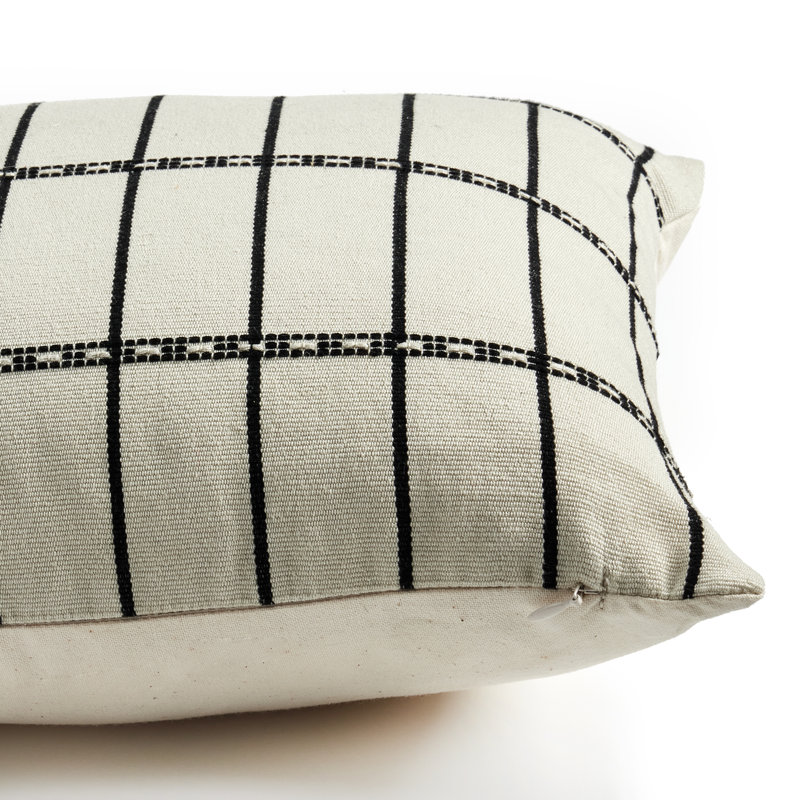Handwoven Rectangular Off-White and Black Cotton Throw Pillow