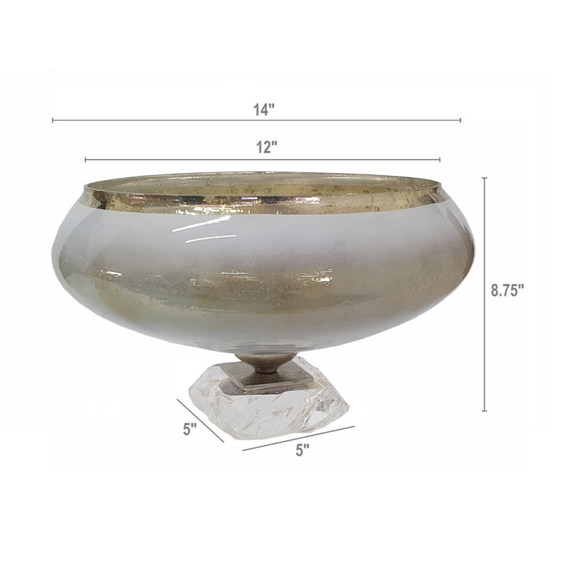 Bol rond en verre sur pied - 14 po de diamètre x 8,5 po - Blanc / Argent