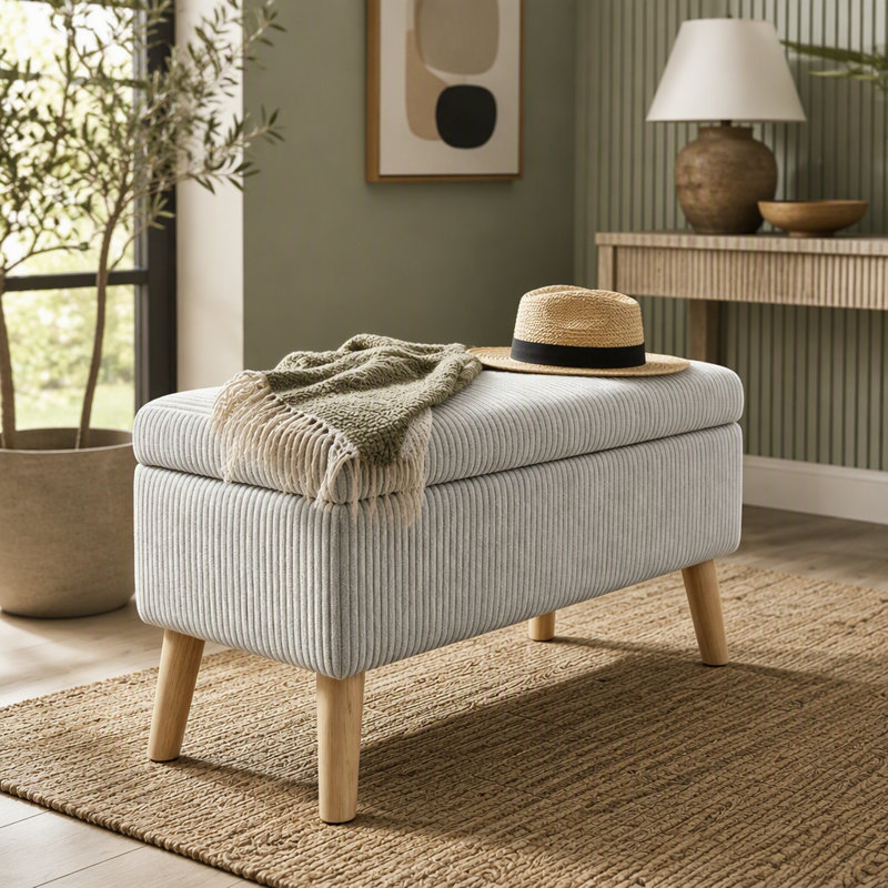 Pouf de rangement en velours côtelé de 81 cm de large, pieds en bois, plateau rabattable, repose-pieds de lit, banc à chaussures