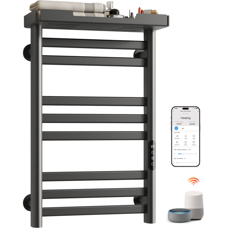 Porte-serviettes chauffant ENZE Smart, chauffe-serviettes électrique mural 8 barres 160 W avec tablette, contrôle d'application Wi-Fi et écran tactile à DEL, température réglable et minuterie 24 heures, IPX5, à brancher / câblé, gris