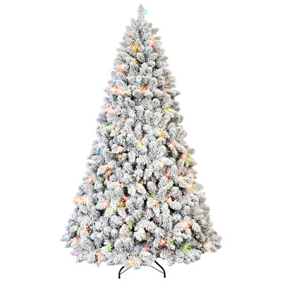 6ft Snow - Flocked Christmas Tree With 350 Multicolor Ul Lights, 36 Natural Pine , 888 Tips, Hinged Construction For Fast Setup, Metal Support Appearance, Colorful Snowy Branches And Stable Base