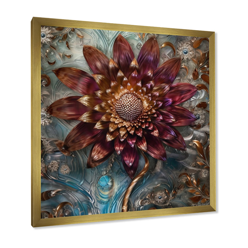 Mysterious Retro Dahlia Flower On Turquoise - Dahlia, reproduction sur toile encadrée, Cadre doré simple