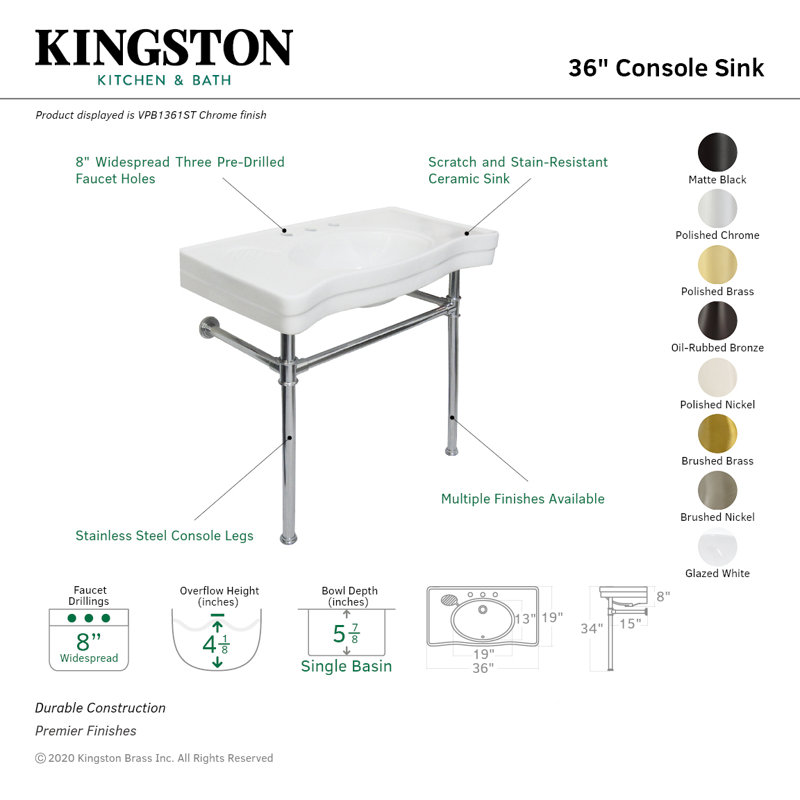 Kingston Brass Imperial 36-Inch Ceramic Console Sink with Stainless Steel Legs (8-Inch, 3-Hole), White/Polished Nickel