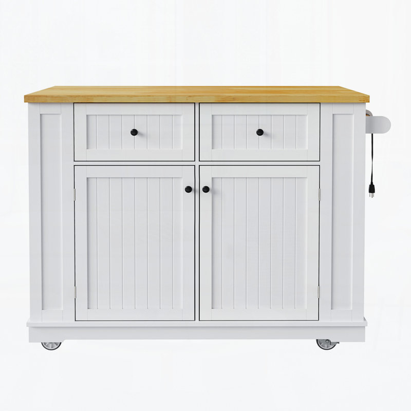 48 Inch Kitchen Island With Drop Leaf,Power Outlet,Internal Storage Rack,Rolling Kitchen Storage Cart On 5 Wheels With 5 Open Side Racks(Not Include Stools)