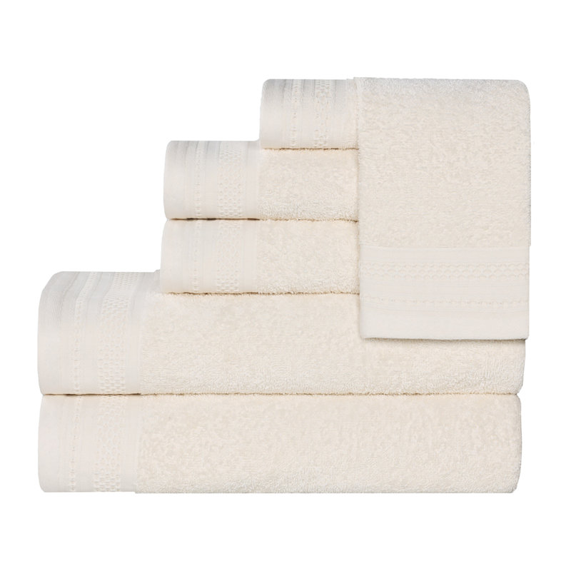 Honeycomb Textured Waffle Border Cotton Medium Weight 6 Piece Towel Set, Ivory