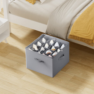 Sturdy Under Bed Shoe Storage Organizer, Adjustable Dividers Fit 16 Compartments, Shoe Storage Organizer for Closet Organization with Clear Cover, Shoe Rack & Basket, For Closet, Entryway, Trunk, L17"x W17"x H12.4", Grey