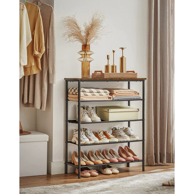 Étagère à chaussures à 5 couches, étagère à chaussures étroite pour placard, équipée de 4 étagères en tissu et plateau supérieur pour ranger les sacs, étagères à chaussures, étagères en acier, brun industriel et noir rustique