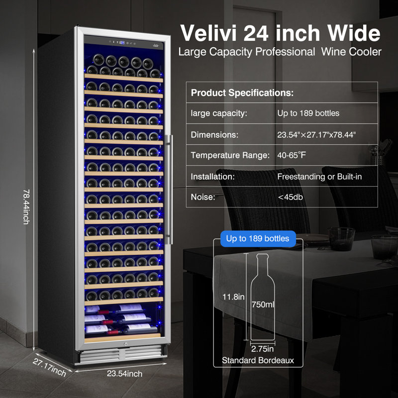 Réfrigérateur à vin 189 bouteilles encastré / autoportant à 189 bouteilles avec thermostat réglable, éclairage à DEL bleu, 16 tablettes amovibles en bois de hêtre, porte en verre résistante aux rayons UV, compresseur silencieux