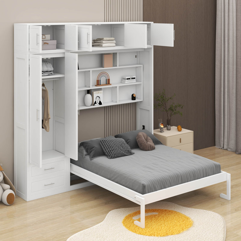 Grand lit escamotable mural avec armoire supérieure, tablettes et garde-robe, lit pliable peu encombrant, Blanc