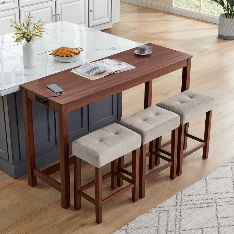 Table de bar 59 pouces; Table de salle à manger; Table de canapé avec prise de courant; 3 tabourets rembourrés; Ensemble de table de bar et de chaises 4 pièces pour le salon; Salle à manger; Cuisine