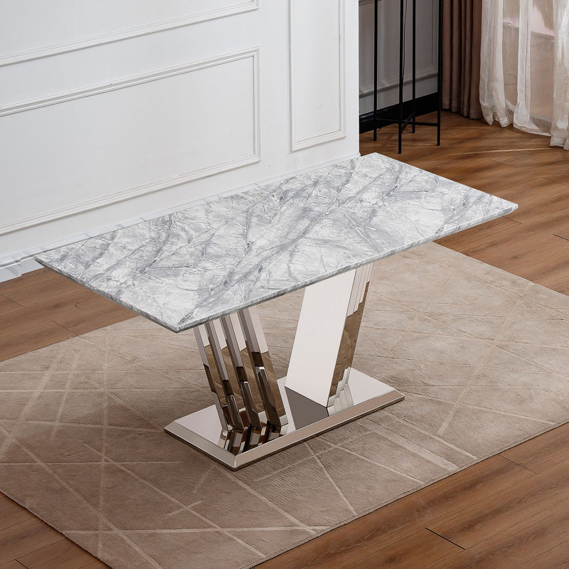 Table de salle à manger en marbre pour 6 personnes, table de salle à manger rectangulaire en faux marbre avec base en acier inoxydable à finition miroir, table de cuisine moderne en marbre de grande taille (table seulement)