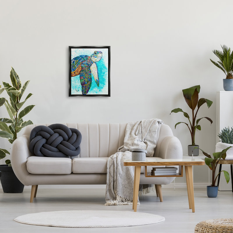 Bold Aquatic Sea Turtle Collage on Canvas with Black Frame