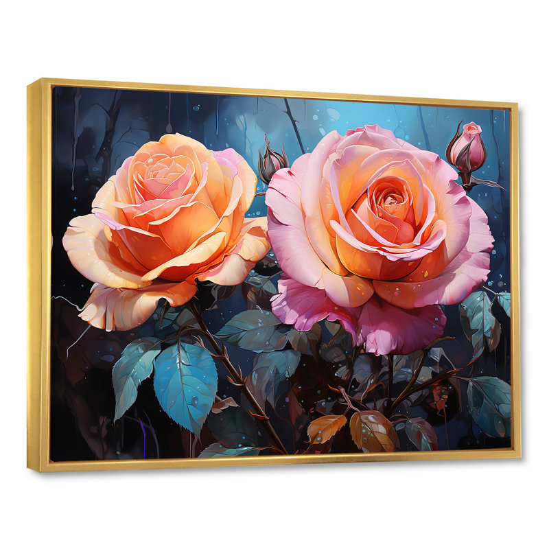 Minimalisme, roses roses, rêve III, sur toile, Cadre flottant doré, H 34 po x l 44 po x P 1,5 po