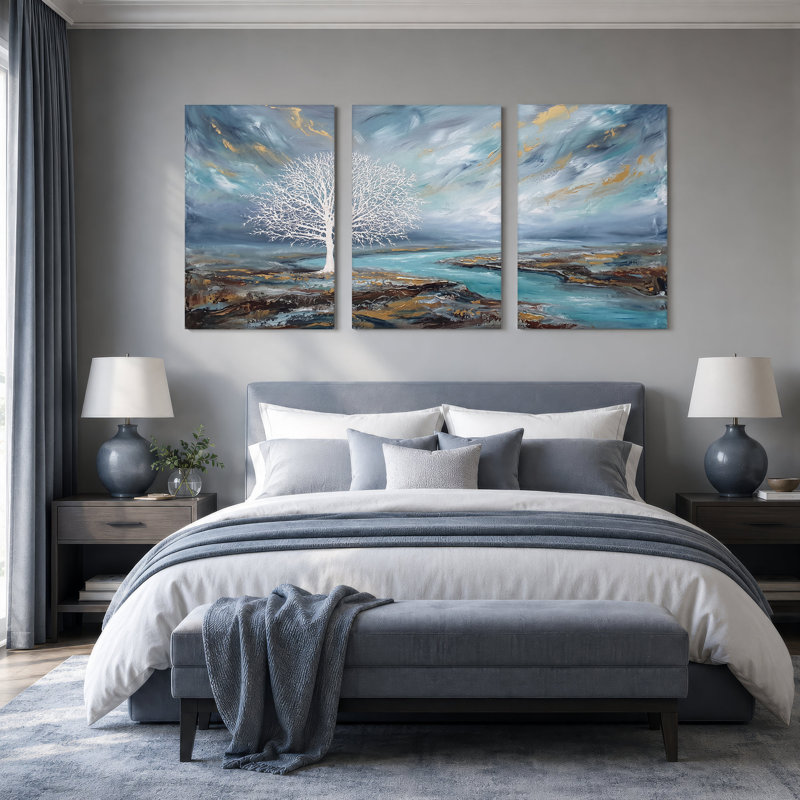 «White Tree by Turquoise Water and Gold Sky», ensemble de 3 toiles murales, H 24 po x l 16 po x 3 pièces