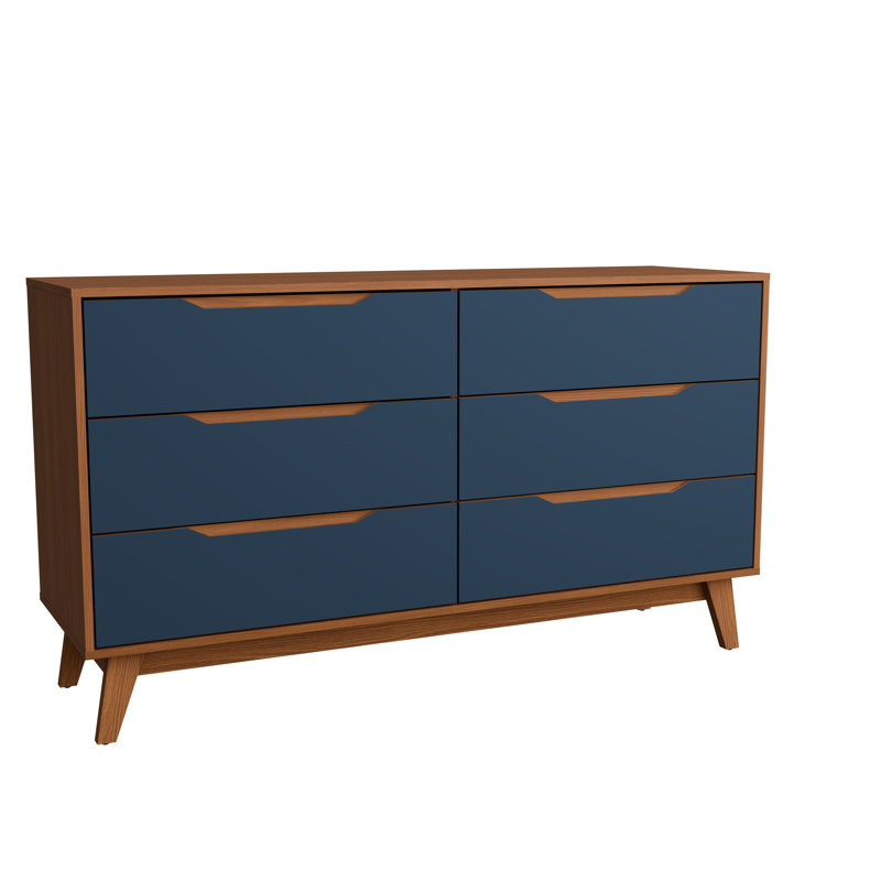 Rio Modern 6-drawer Dresser With Built-in Handles And Wooden Base, Brown/Blue