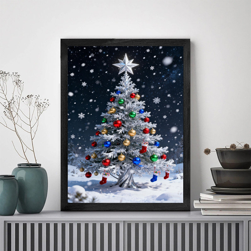 Art mural arbre de Noël noir encadré noir - décorations festives enneigées, H 25 po x l 17 po