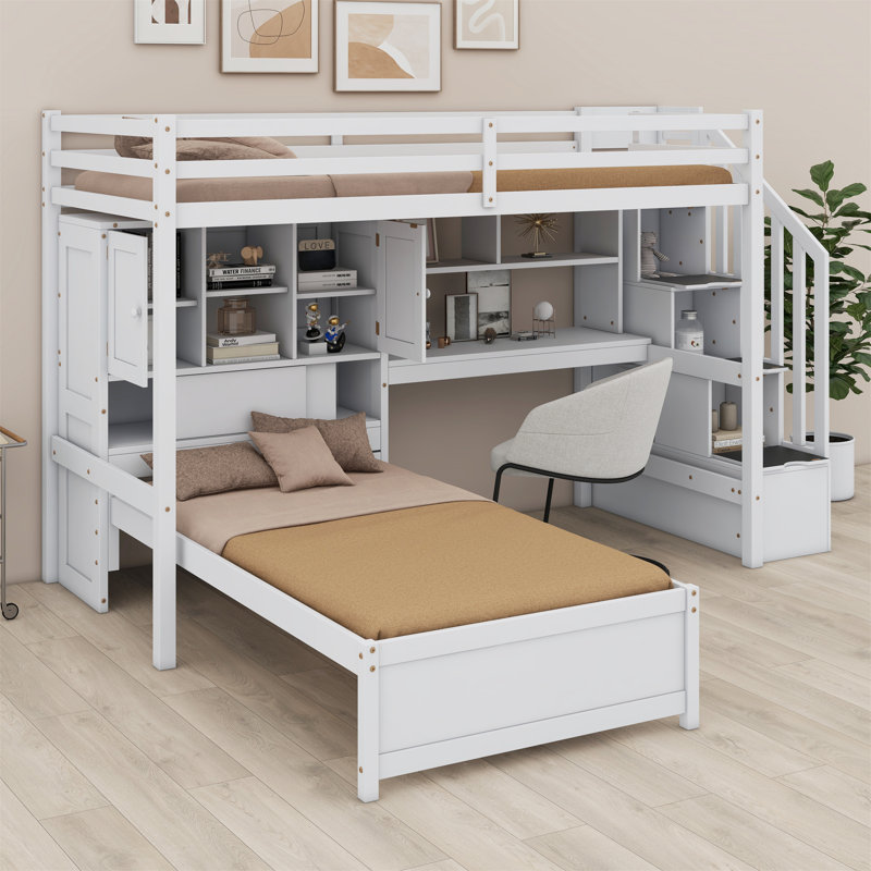  Lit mezzanine simple au-dessus de simple Karanfila avec bureau intégré et escalier, avec compartiments de rangement et tablettes