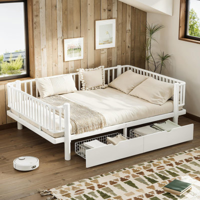 Full Size Platform Bed with Storage Drawers, Metal Daybed Frame with Upgraded Safety Round-Pipe Design, Low Profile Design, White