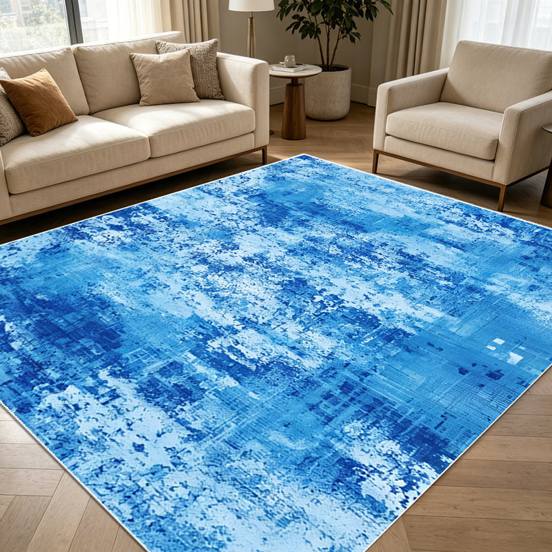 1PC Abstract Distressed Blue and White Textured Farmhouse area rugs for Living Room, Soft and Comfortable, Suitable for all seasons, easy-to-maintain, machine washable Indoor floor mat, Under Table Farmhouse suitable for dining table, bedroom,