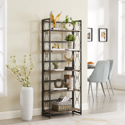 Jasiana Foldable Steel Shelving Unit, 62” H × 24” W Narrow Storage Rack with Removable MDF Shelves, 5-Tier Industrial Collapsible Bookcase with Heavy-Duty Steel Frame for Small Spaces, Home Office & Living Room, Brown