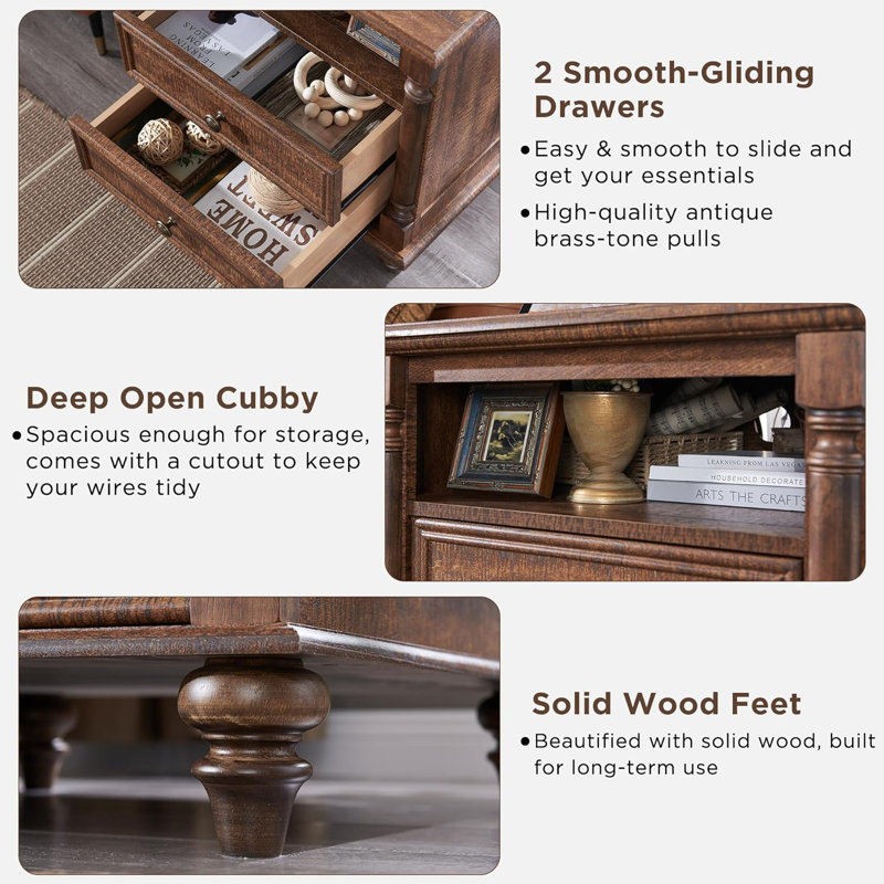 Rushville Farmhouse 2 - Drawers Nightstand with Charging Station, Tall Rustic Wood Square End Table with Open Shelf