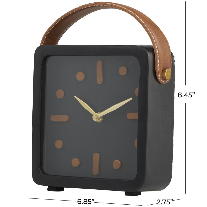 Analog Metal Quartz Tabletop Clock in Black, 8.45" H x 6.85" W x 2.75" D