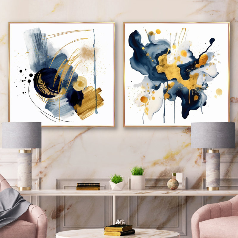Bleu sarcelle et or élégance - ensemble de 2 carrés de formes abstraites, Cadre flottant doré, H 30 po x l 61 po