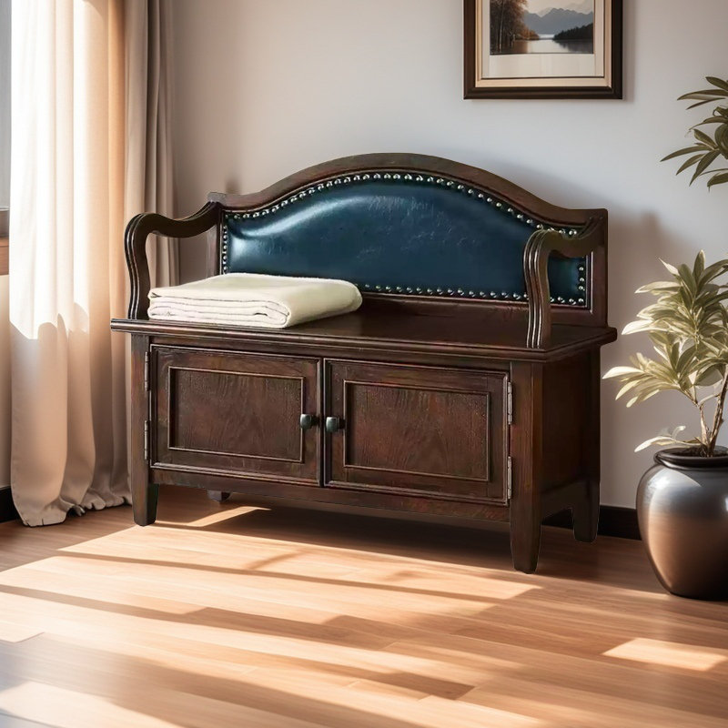 Banc à chaussures traditionnel en bois massif avec dossier en cuir, Blue