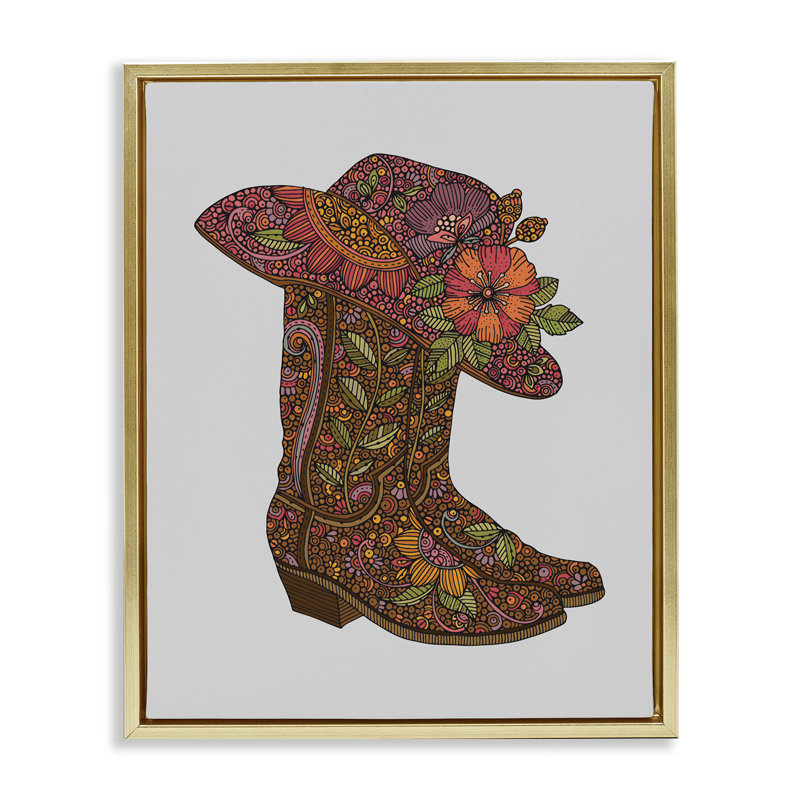 «Paisley Cowboy bottes», art mural encadré sur toile flottante par Valentina Harper, Or, H 31 po x l 25 po