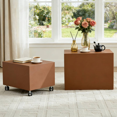 Modern Rolling Brown Table Set, Saddle Leather MDF Accent Tables For Living Room Studio Lounge