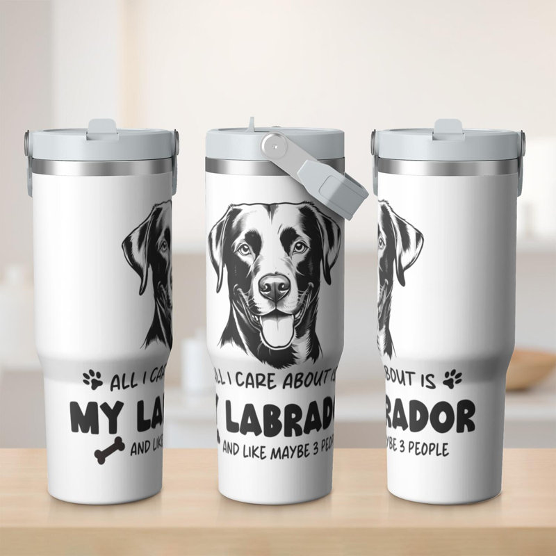 Gobelet 30 oz avec couvercle et poignée Gobelets isothermes en acier inoxydable Bouteille d'eau mignonne avec rabat (chien)