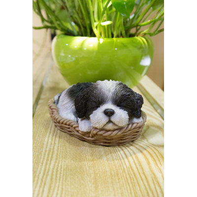 Wicker Basket Shih Tzu Puppy Statue